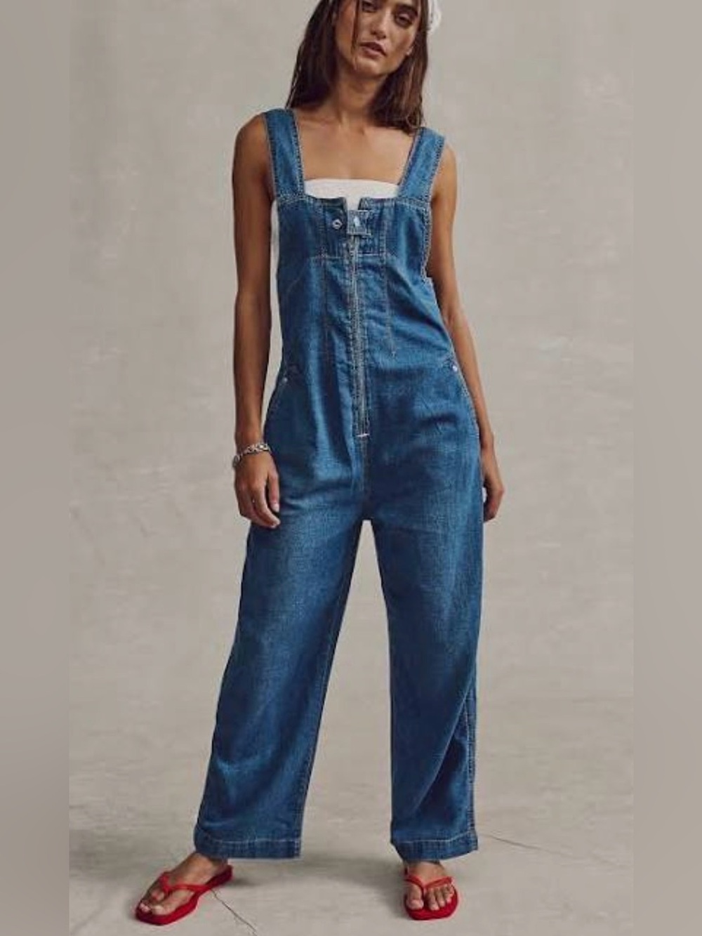We The Free Blue Denim Wide-Leg Overalls